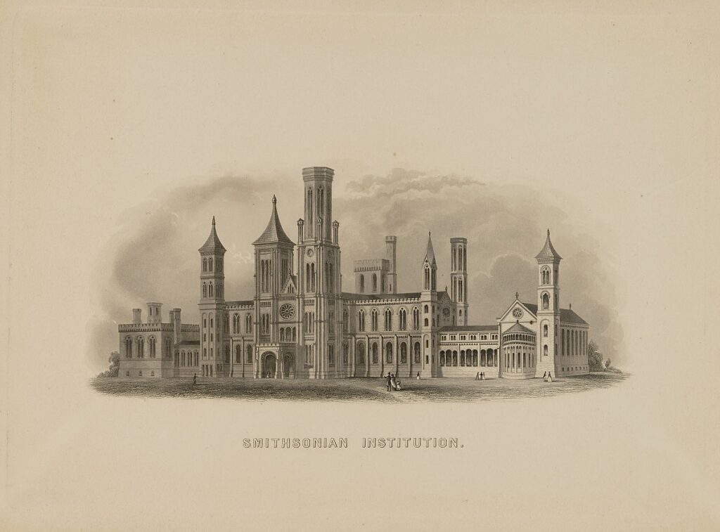 A pencil drawing of the exterior of the Smithsonian Institution
